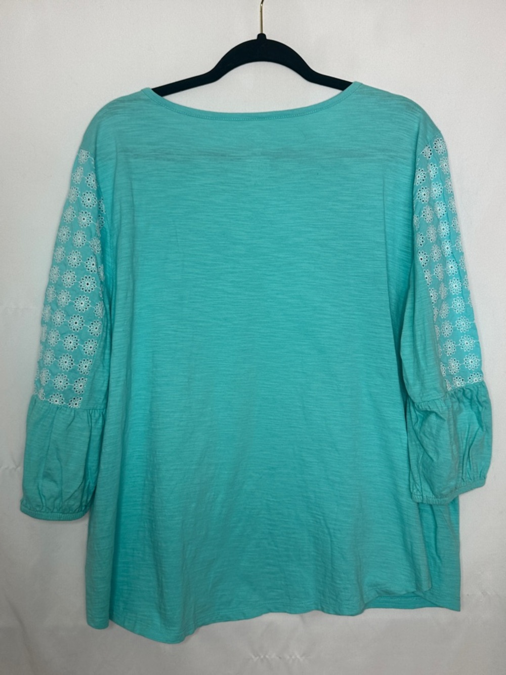 St. John's Bay Turquoise Embroidered Scoop Neck 3/4 Sleeve Top - Picture 3 of 4